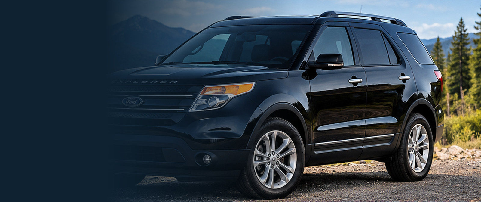 Illustrative image of a black 2015 Ford Explorer SUV with mountain scenery